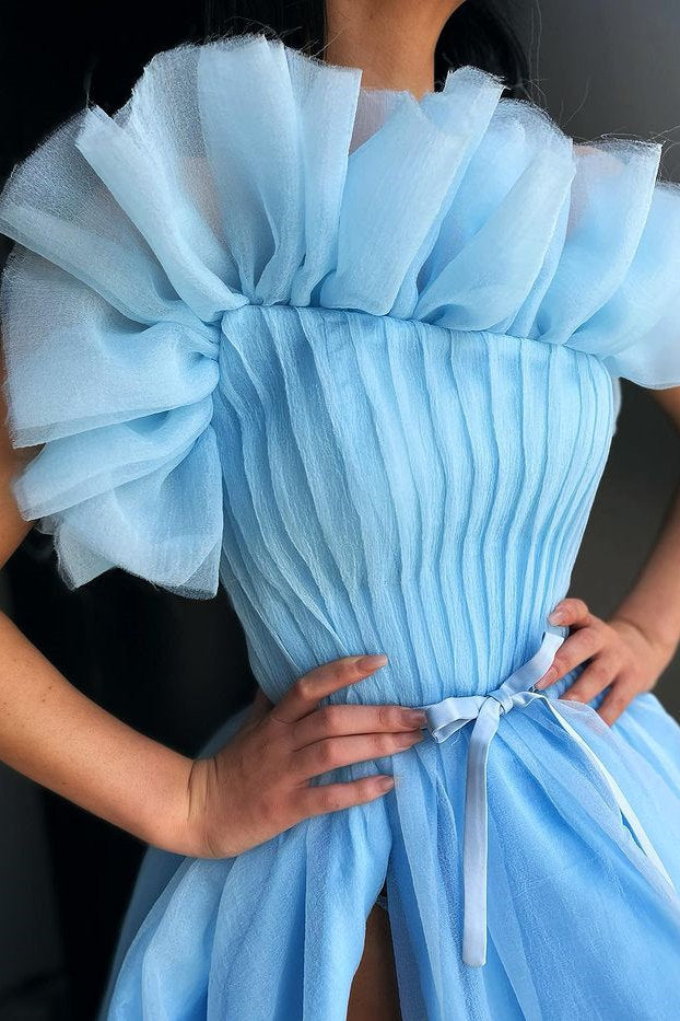 Classy Blue A-lineTulle Floor-length Prom Dress Side-cut