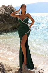 Classy Dark Green Long Mermaid Sleeveless Evening Party Gowns Long Slit Online
