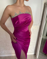 Classy Fuchsia Strapless Crystal Evening Party Gowns Long Slit Online