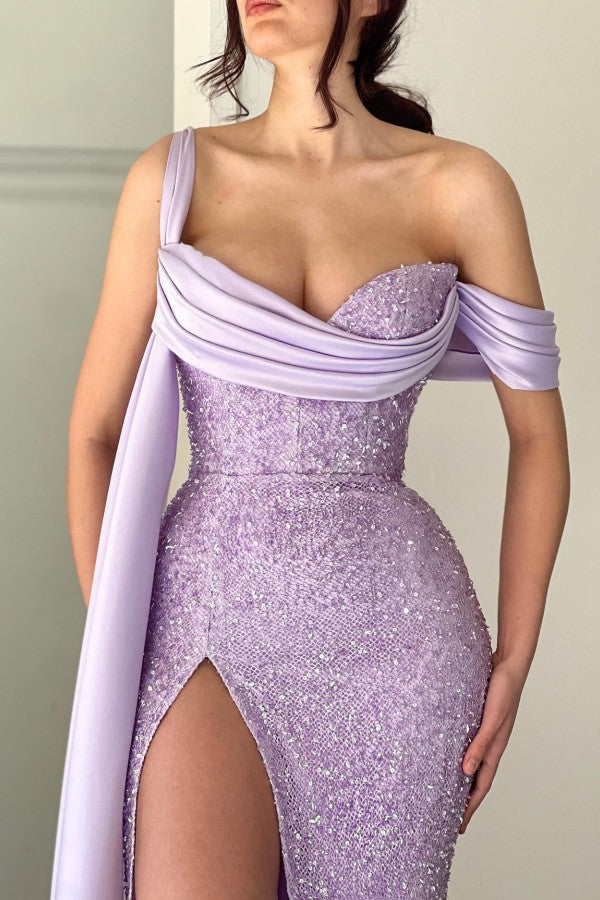 Classy Lilac Long Glitter Off-the-Shoulder Mermaid Evening Party Gowns Long Slit Online