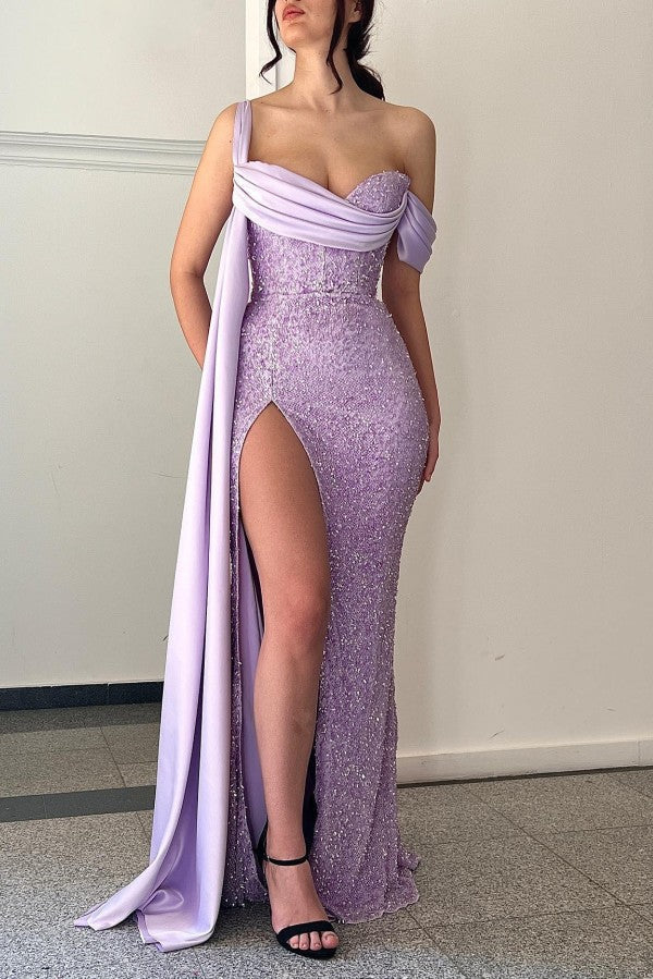 Classy Lilac Long Glitter Off-the-Shoulder Mermaid Evening Party Gowns Long Slit Online