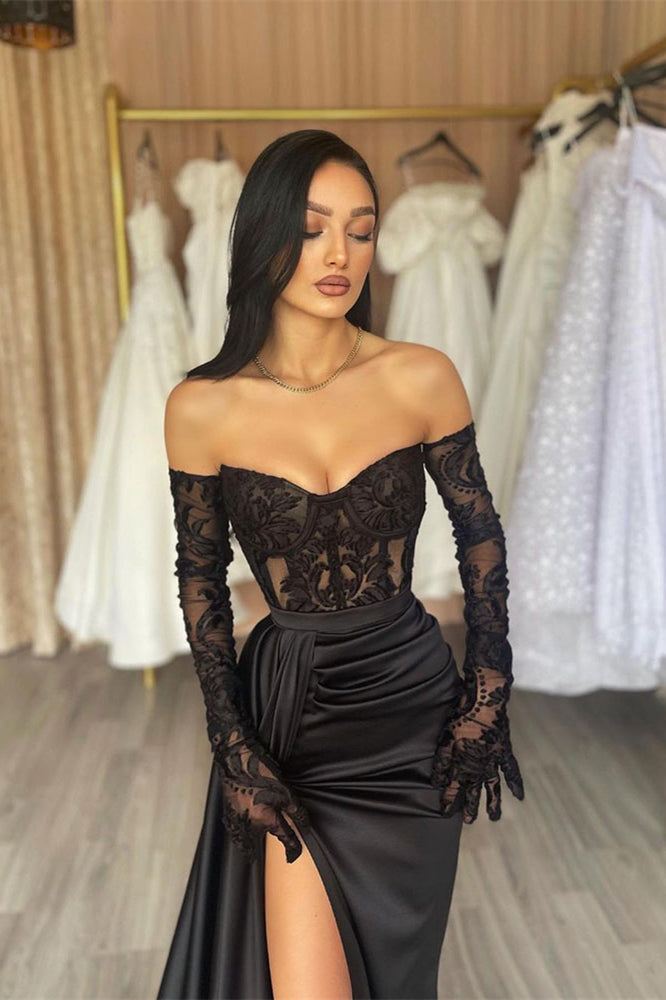 Classy Long Black Off-the-Shoulder Lace Mermaid Long Sleeves Evening Party Gowns Long Slit Online