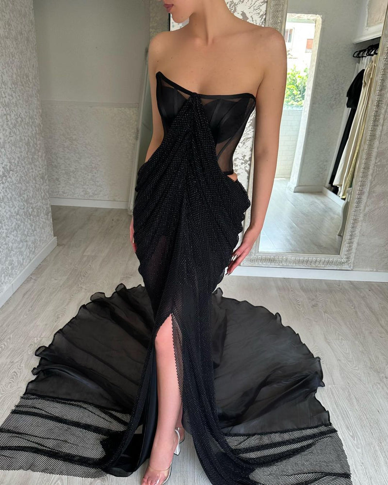 Classy Long Black Strapless Front Split Long Evening Party Gowns
