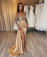 Classy Long Champagne Off-the-Shoulder Sequins Split Evening Party Gowns With Long Sleeves