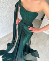 Classy Long Dark Green Mermaid Sleeveless Evening Party Gowns Long Slit Online