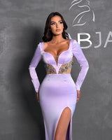 Classy Long Lilac Mermaid Beading Long Sleeves Evening Party Gowns Long Slit Online