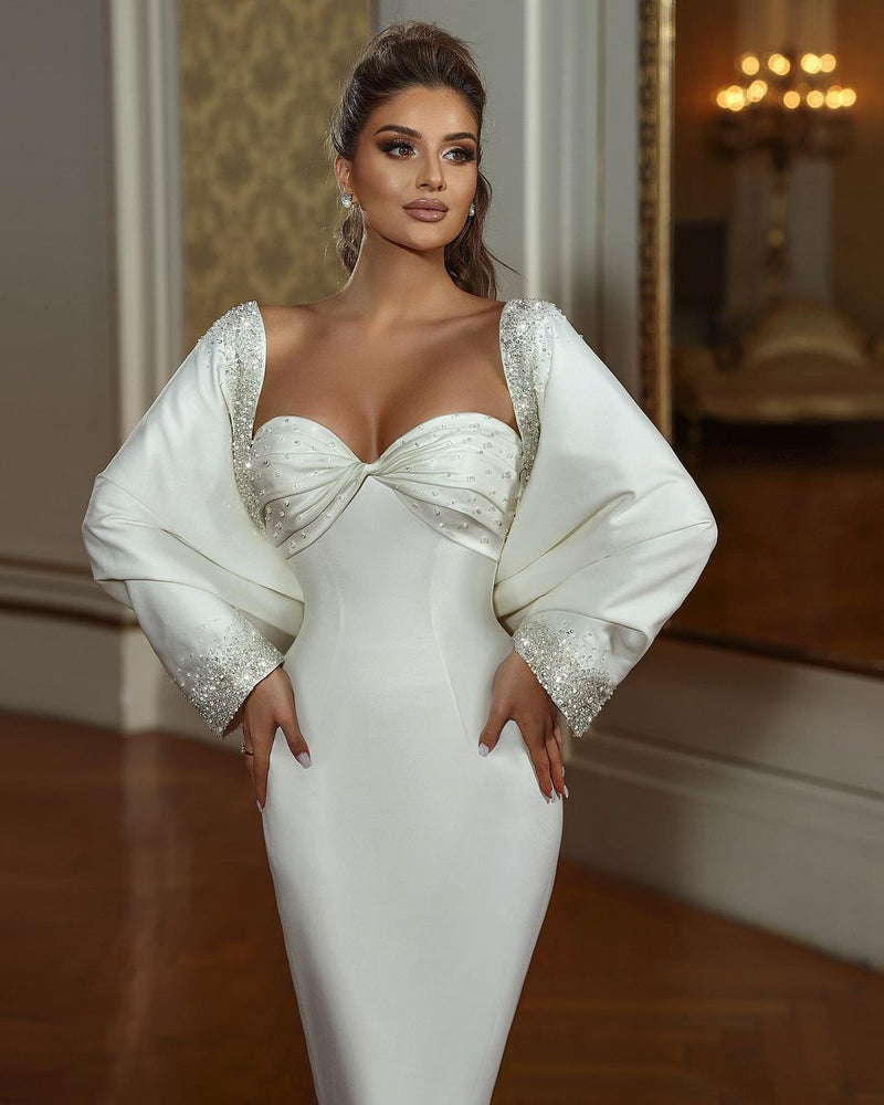 Classy Long Mermaid Sweetheart Long Sleeves Beading Bridal Gown With Train