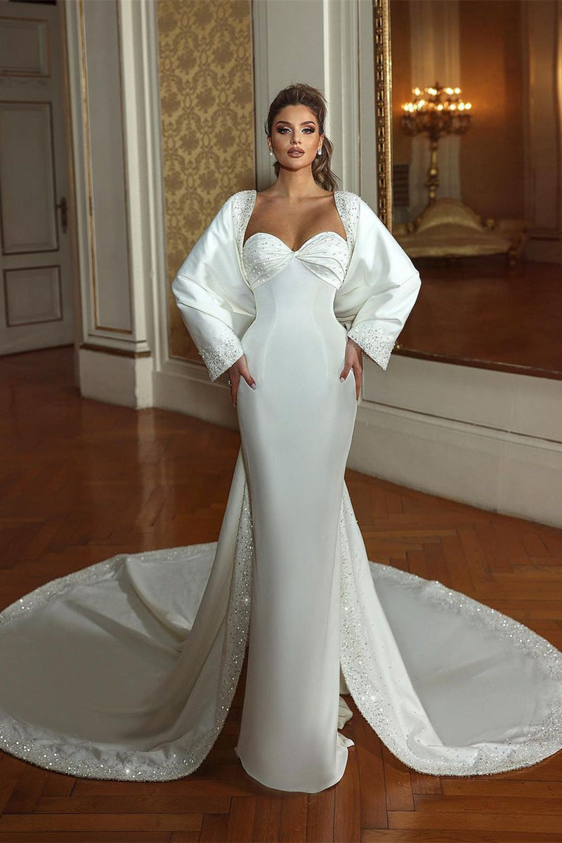 Classy Long Mermaid Sweetheart Long Sleeves Beading Bridal Gown With Train
