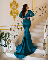Classy Long Mermaid V-neck Beading Evening Party Gowns With Long Sleeves
