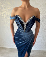 Classy Long Navy Off-the-Shoulder Ankle Length Evening Party Gowns Long Slit Online
