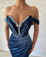 Classy Long Navy Off-the-Shoulder Ankle Length Evening Party Gowns Long Slit Online