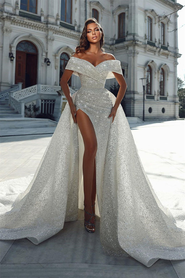 Classy Long Off-the-Shoulder Sequins Bridal Gown Long Slit Online