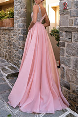 Classy Long Pink V-Neck Glitter Sleeveless Evening Party Gowns Long Slit Online