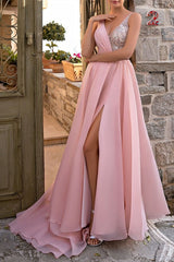 Classy Long Pink V-Neck Glitter Sleeveless Evening Party Gowns Long Slit Online