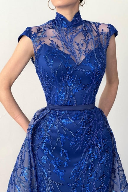 Classy Long Royal Blue High Neck Lace Sleeveless Evening Party Gowns With Detachable Train
