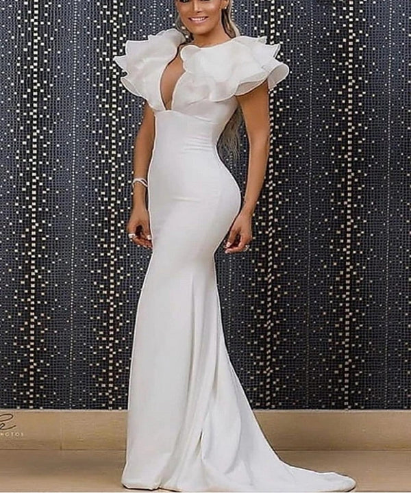 Classy Long White Mermaid V-neck Sleeveless Evening Party Gowns With Ruffles Long