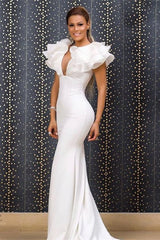 Classy Long White Mermaid V-neck Sleeveless Evening Party Gowns With Ruffles Long