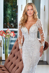 Classy Mermaid Lace Backless Appliques Wedding Gown With Long Sleeves V-Neck