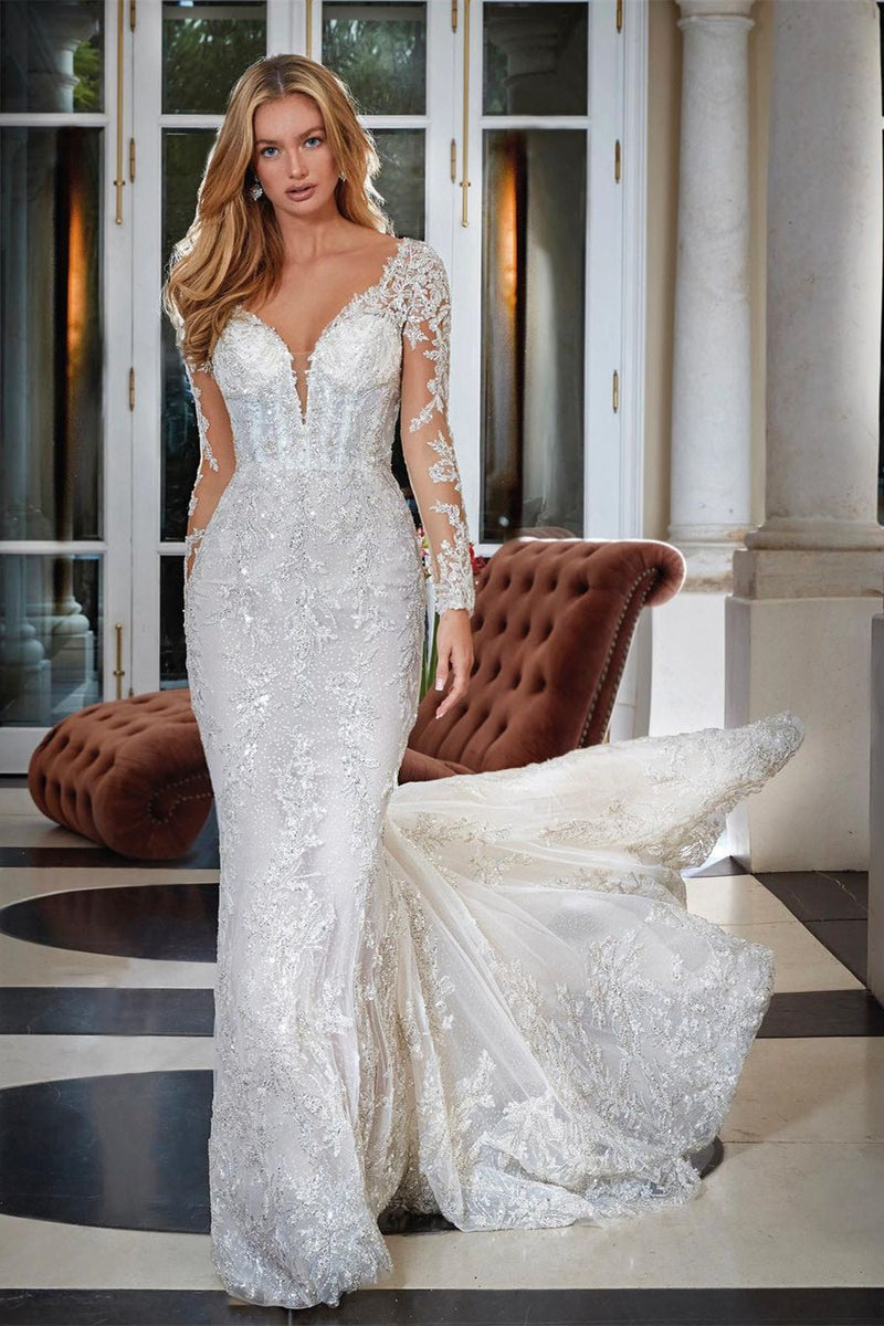 Classy Mermaid Lace Backless Appliques Wedding Gown With Long Sleeves V-Neck