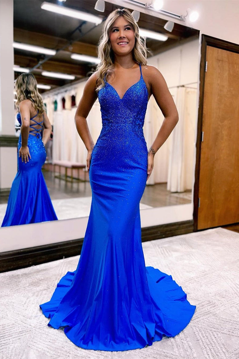Classy Royal Blue Long Mermaid V-Neck Prom Dress Spaghetti-Straps