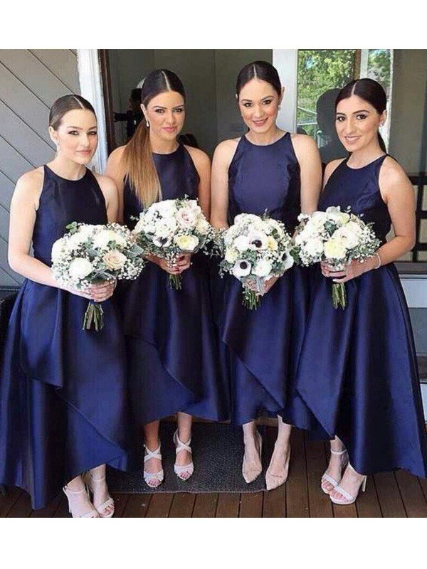 Classy Sleeveless Asymmetrical Layers Satin Bridesmaid Dresses