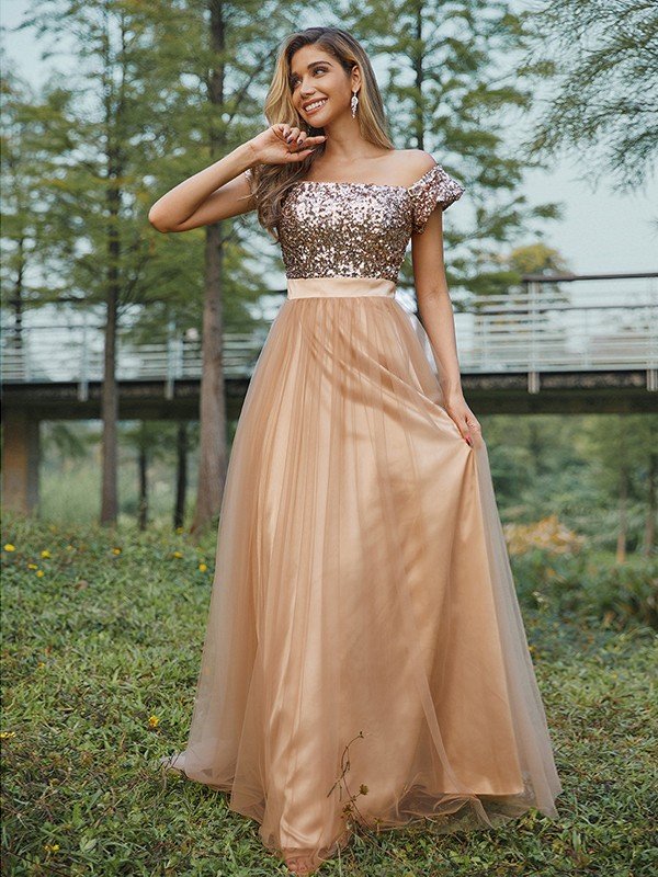 Classy Tulle Sequin Off-the-Shoulder Sleeveless Bridesmaid Dresses