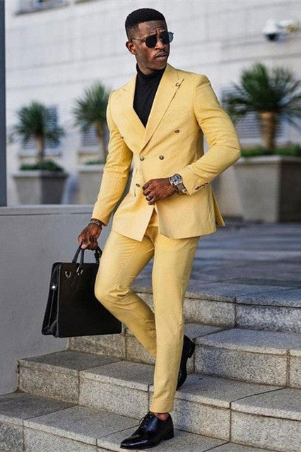 Classy Yellow Double Breasted Peaked Lapel Men's Prom Suits