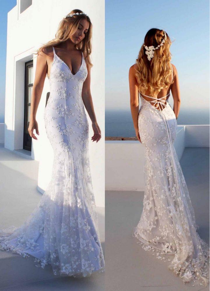 Cloth-fitting Floor Length Lace V-Neck Spaghetti Open Back Prom Dresses Party Gowns With Lace Up