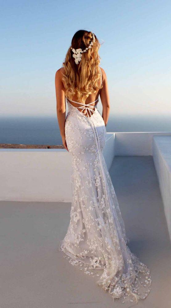 Cloth-fitting Floor Length Lace V-Neck Spaghetti Open Back Prom Dresses Party Gowns With Lace Up