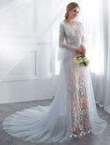 Colored Wedding Dresses Baby Blue Lace Long Sleeve Bridal Dress With Train