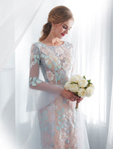 Colored Wedding Dresses Baby Blue Lace Long Sleeve Bridal Dress With Train
