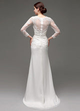 Column Long Sleeves Illusion Back Chic V-Neck Bridal Gown With Rhinestone Sash