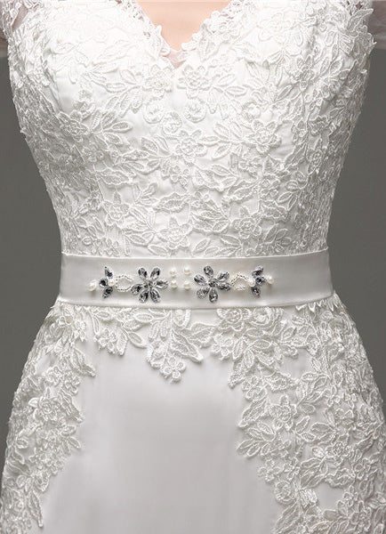 Column Long Sleeves Illusion Back Chic V-Neck Bridal Gown With Rhinestone Sash