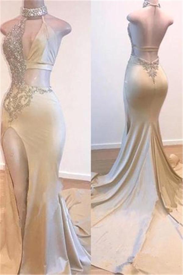 Crystal Halter Split Prom Dresses A-Line Backless Sleeveless Evening Dresses