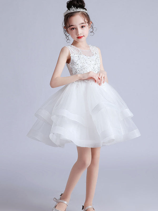 Cute Jewel Neck Sleeveless Embroidered Kids Party flower girl dresses
