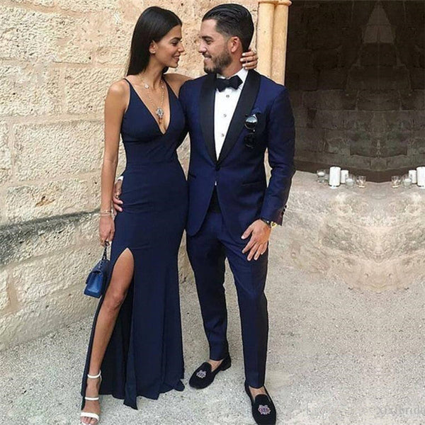 Dark Blue One Button Two-Piece Men's Prom Suits with Black Lapel