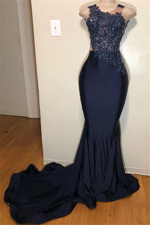 Dark Blue Straps Sleeveless Applique Mermaid Formal Dresses