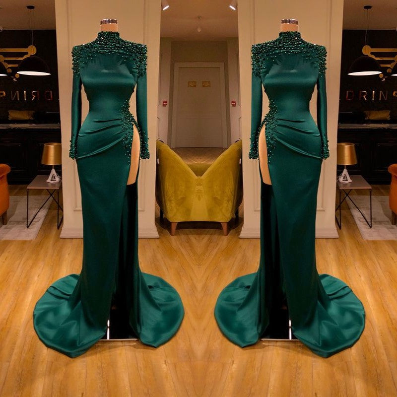 Dark Green Beadings Pearl Ball Dresses Mermaid Prom Dress Split Long Sleeves