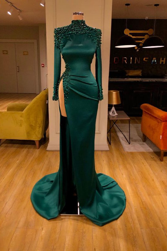 Dark Green Beadings Pearl Ball Dresses Mermaid Prom Dress Split Long Sleeves