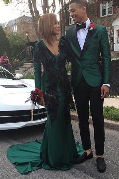 Dark Green Men's Suits for Prom 2 Piece Black Satin Lapel Wedding Tuxedo