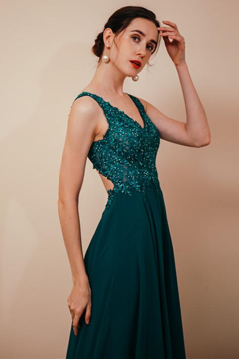 Dark Green V-Neck Backless Sleeveless Lace Evening Party Gowns