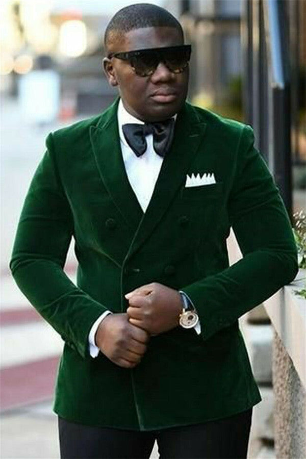 Dark Green Velvet Men's Suit Double Breasted Peaked Lapel Prom Outfits for Men