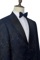 Dark Navy Jacquard Prom Suits Black Silk Peak Lapel Mens Suits for Weddings