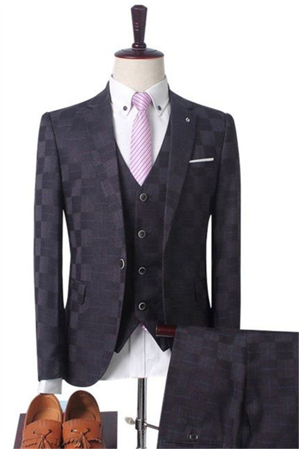 Dark Red Plaid Men's Business Suitss Men's Prom Suits with 3 Pieces