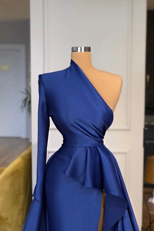 Dark Royal Blue Ruffles Side-cut Overskirt Prom Dress One shoulder