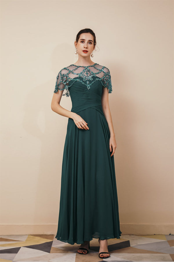 Dark green Chiffon Gorgeous Beadings Evening Party Gowns with Cape