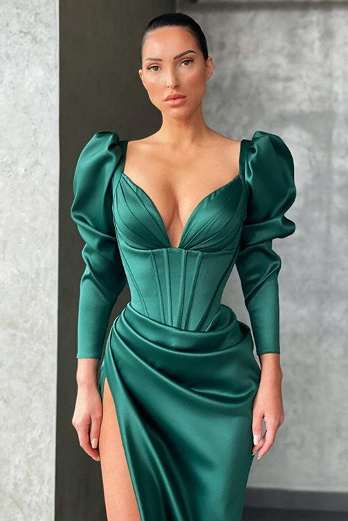 Dark green High-split Mermaid Prom Dress Bubble sleeves