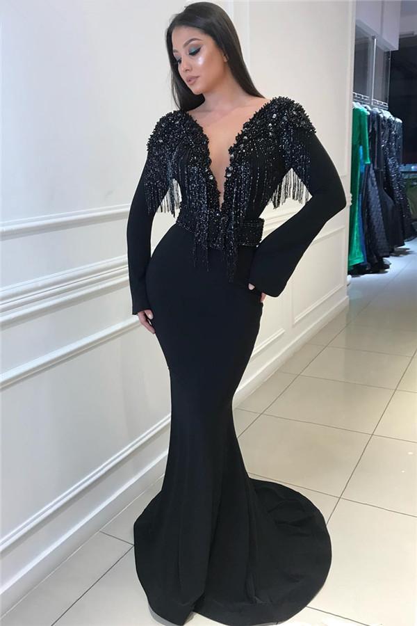 Deep Chic V-Neck Open Back Black Prom Dresses Fit and Flare Chic Long Sleevess Beads Tassels Evening Gown