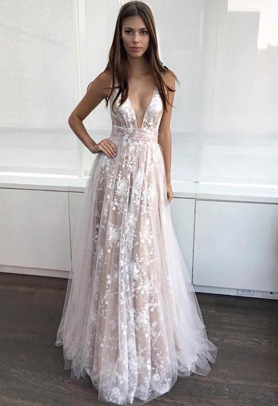 Deep-V-Neck Lace-Appliques Layers Chic A-line Prom Dresses