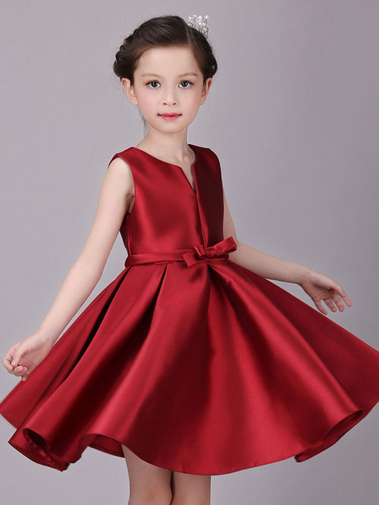 Designed Neckline Satin Fabric Sleeveless Short Princess Bows Kids Social Party Dresses